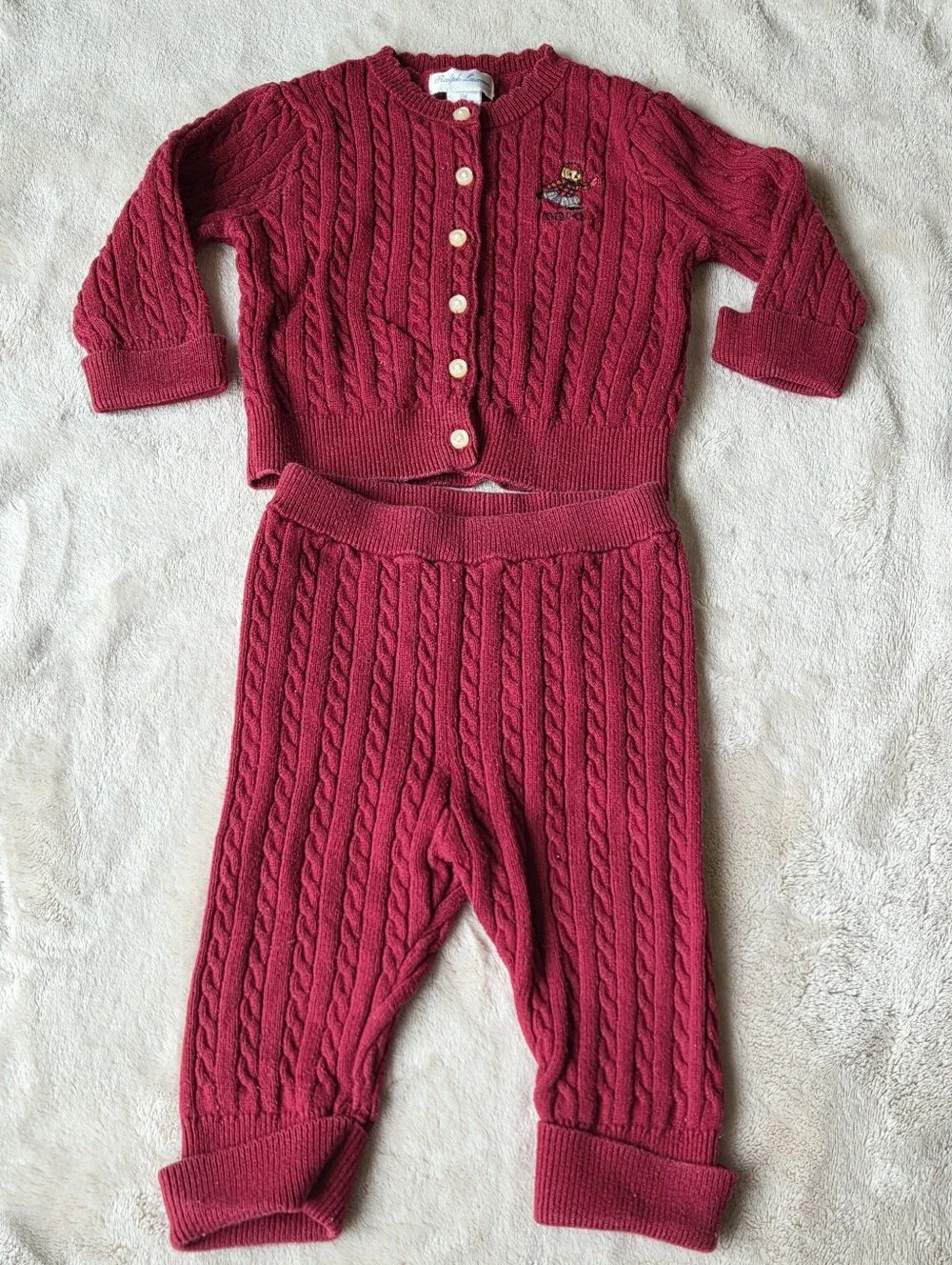 Polo Ralph Lauren Baby Polo Bear Cable Knit Cardigan Set Red 6M Holiday Gift